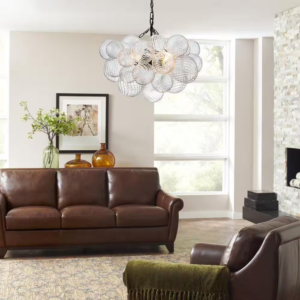Neuvy 3-Light 23.6 In. W Black Chandelier with Swirled-Glass Orb Cluster Bubble Ribbed Glass Chandelier for Living Room