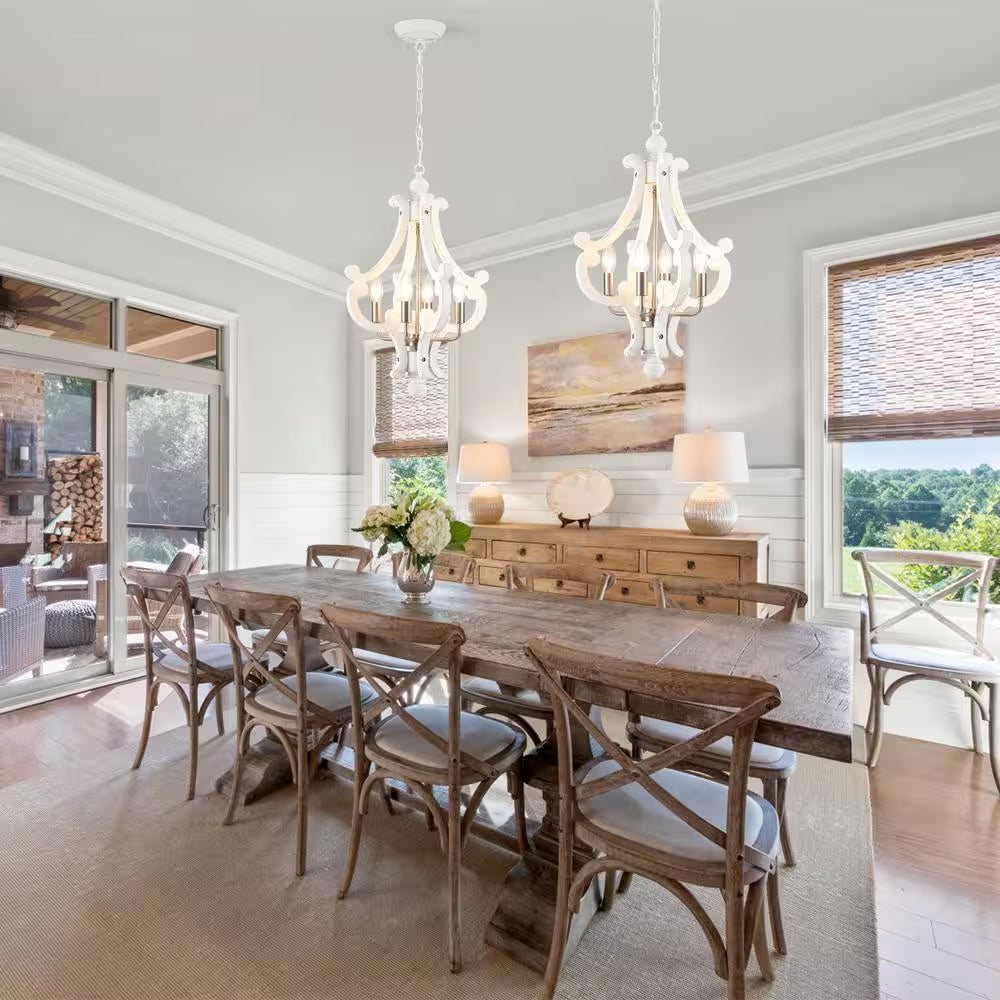 Eron 4-Light Nickel Orb Farmhouse Chandelier Rustic Antique Wooden White Shade French Country Kitchen Island Pendant