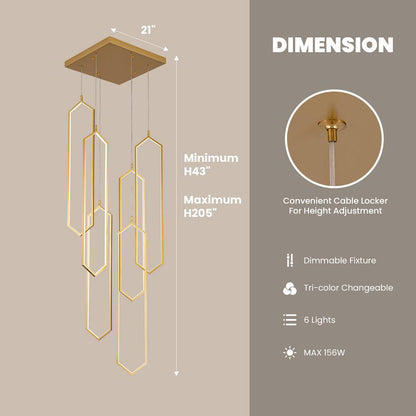 6-Light Modern Dimmable Integrated LED Geometric Gold Chandelier High Ceiling Chandelier for Staircase Foyer Living Room