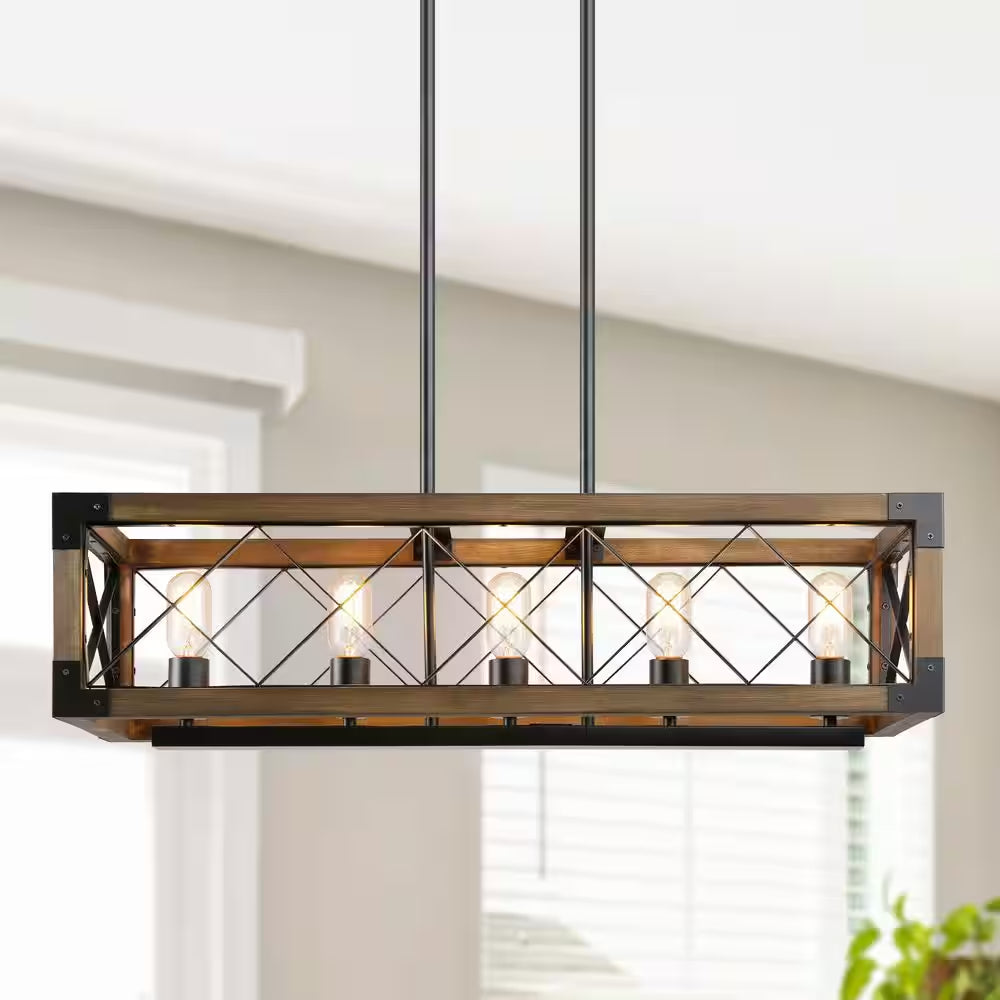 Wood Kitchen Chandelier 5-Light Linear Farmhouse Black Island Dining Room Chandelier Pendant with Rustic Rectangle Frame