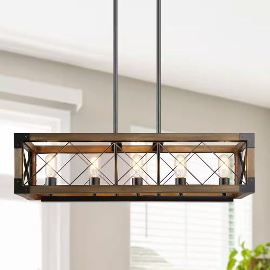 Wood Kitchen Chandelier 5-Light Linear Farmhouse Black Island Dining Room Chandelier Pendant with Rustic Rectangle Frame