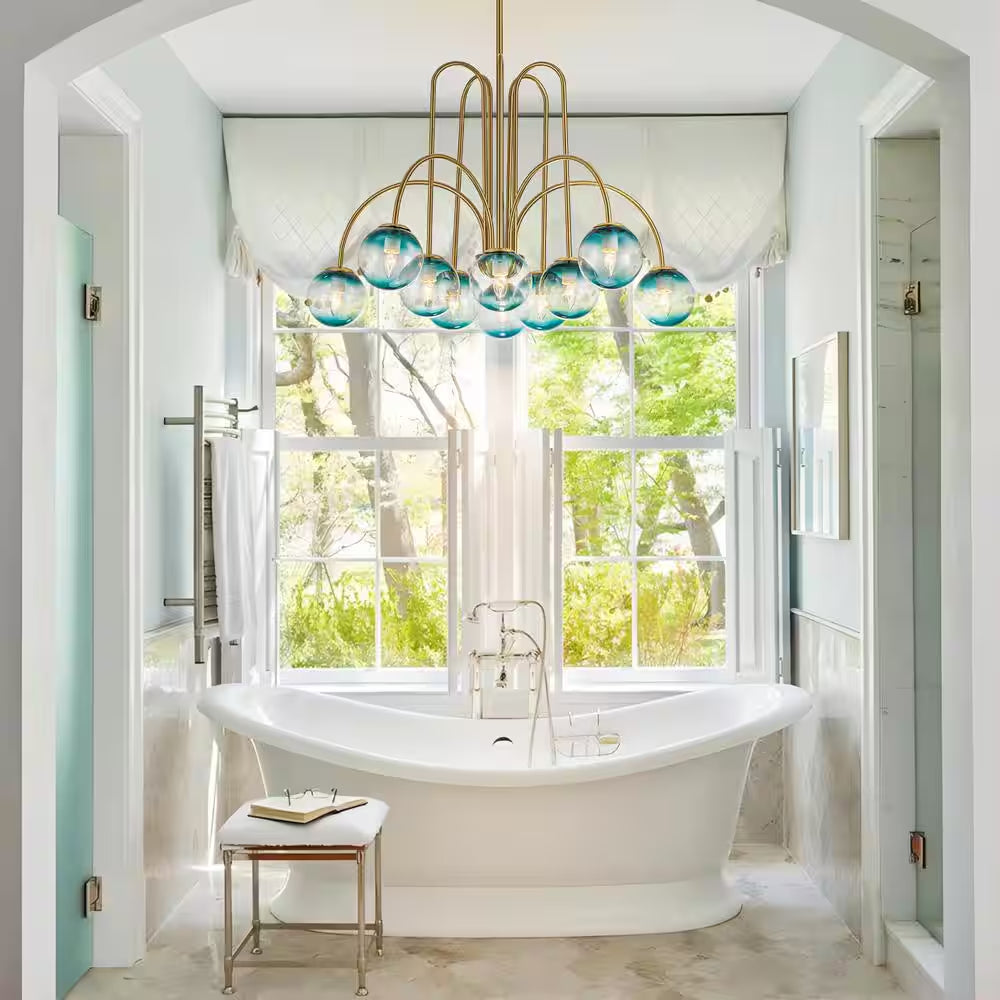 Ayden Modern 10-Light Gold Sputnik Sphere Chandelier with Blue Glass Globe Bubble