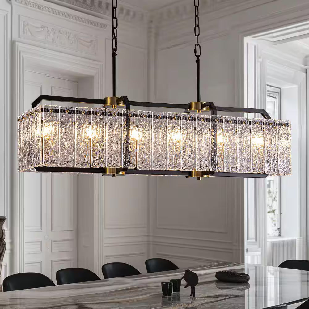 39 In. Modern 6-Light Rectangle Black Crystal Chandelier for Dinning Room