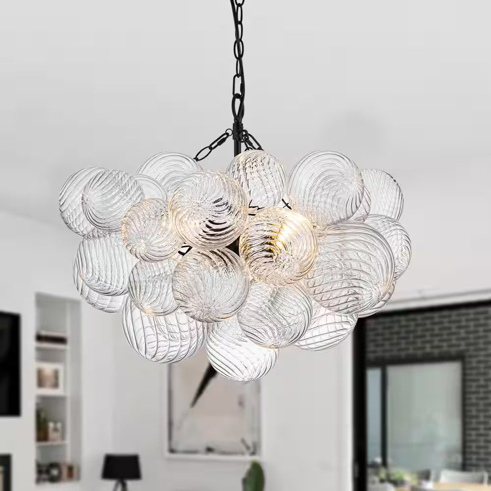 Neuvy 3-Light 23.6 In. W Black Chandelier with Swirled-Glass Orb Cluster Bubble Ribbed Glass Chandelier for Living Room