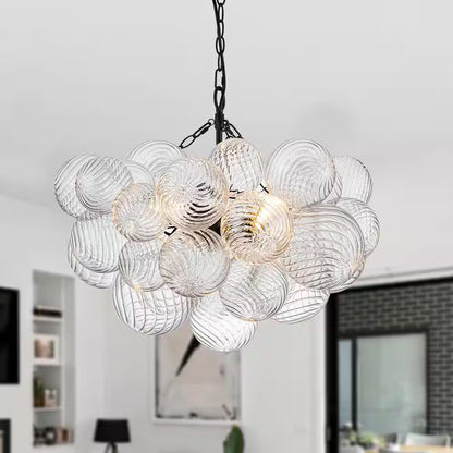 Neuvy 3-Light 23.6 In. W Black Chandelier with Swirled-Glass Orb Cluster Bubble Ribbed Glass Chandelier for Living Room