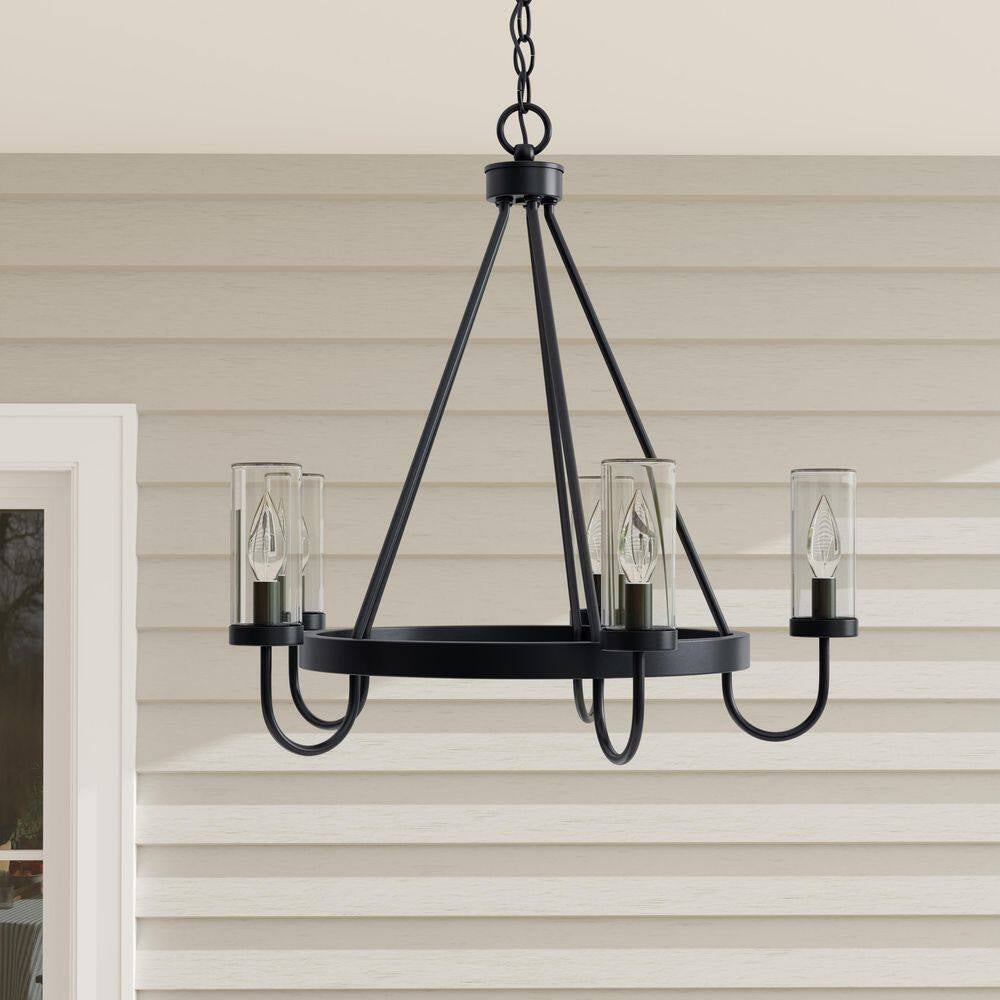 Swansea Collection 4-Light 24 In. Matte Black round Transitional Outdoor Chandelier with Clear Glass Shades