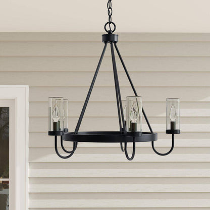 Swansea Collection 4-Light 24 In. Matte Black round Transitional Outdoor Chandelier with Clear Glass Shades