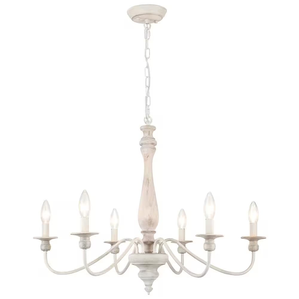 6-Light Vintage Beige Farmhouse Wood Candle Chandelier French Country Style Pendant Light
