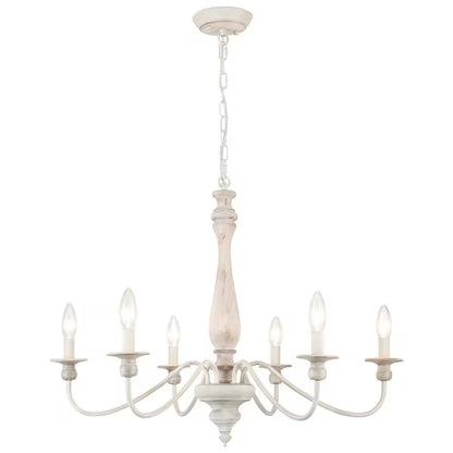 6-Light Vintage Beige Farmhouse Wood Candle Chandelier French Country Style Pendant Light