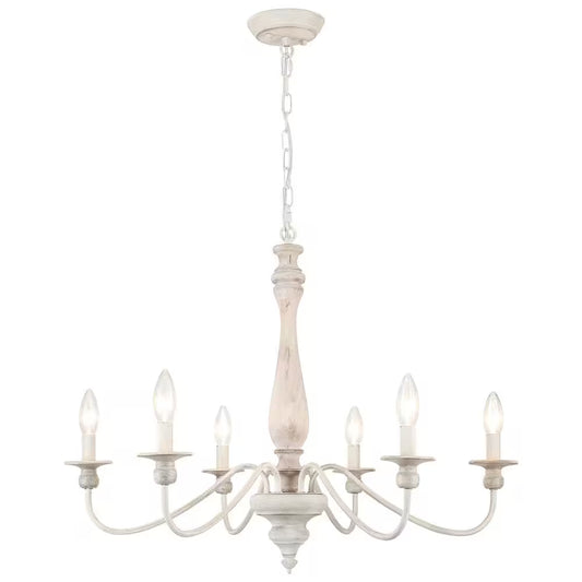 6-Light Vintage Beige Farmhouse Wood Candle Chandelier French Country Style Pendant Light