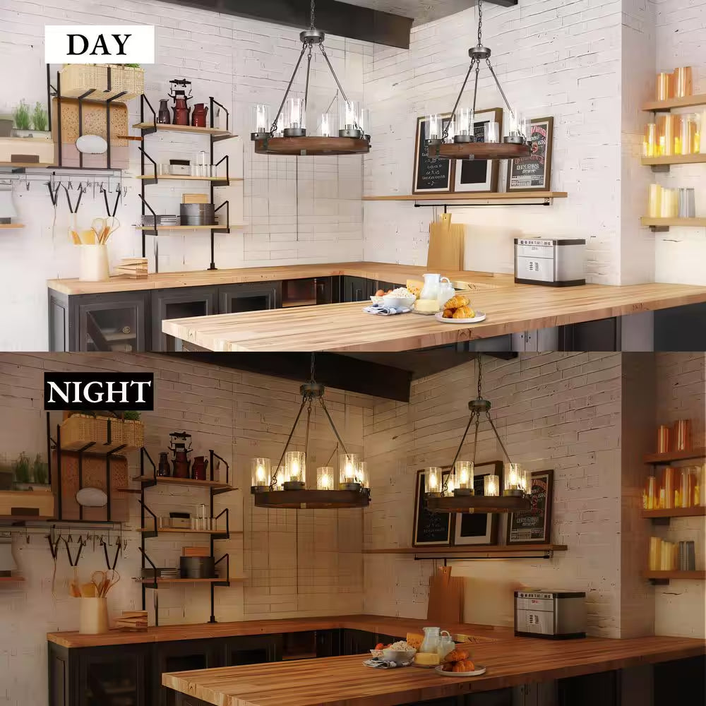 Bronze Farmhouse Chandelier Wood Wagon Wheel 6-Light Rustic Chandelier for Foyer with Seedy Glass and Aged Silver Metal