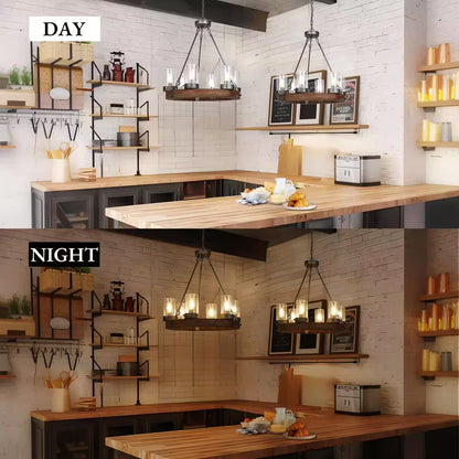 Bronze Farmhouse Chandelier Wood Wagon Wheel 6-Light Rustic Chandelier for Foyer with Seedy Glass and Aged Silver Metal