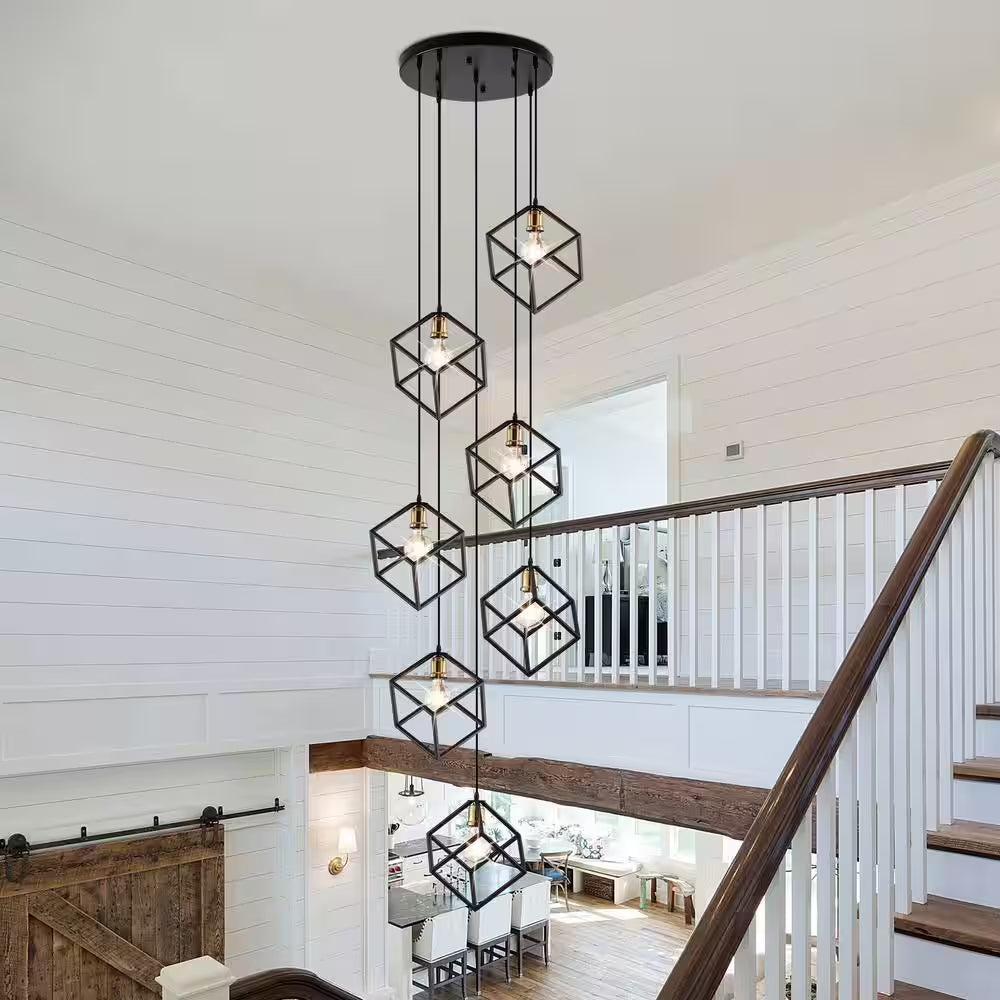 Rekha 7 Light Stairway Chandelier Black Geometric Cluster Pendant, Adjustable Cube Height, Staircase Minimalist Lamp