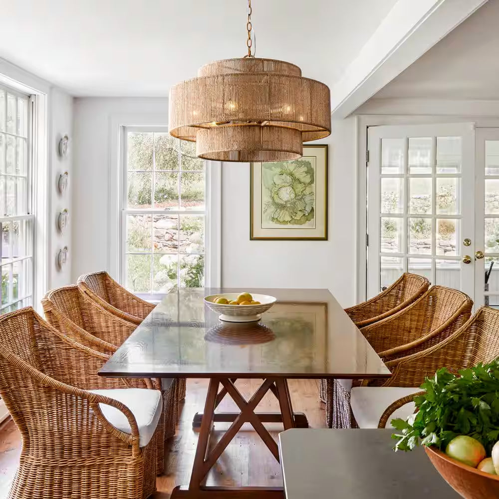 Farmhouse 6-Light Gold 2-Tiered Chandelier with Woven Rope Shade for Living Room Bedroom Dining Room