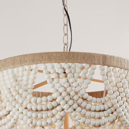 Modern Boho Dining Room Chandelier 4-Light Distressed White Island Chandelier with Wood Beads and Rope