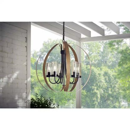 Ellena 5-Light Matte Black and Maple Tone Outdoor Chandelier with Seedy Glass