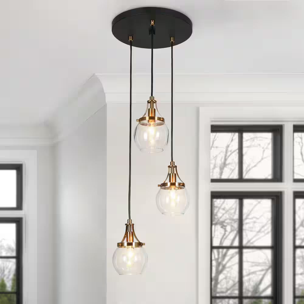 Transitional 3-Light Black and Plated Brass Cluster Chandelier with Clear Globe Glass Shade Foyer Hanging Pendant