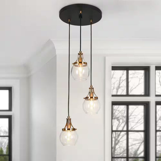 Transitional 3-Light Black and Plated Brass Cluster Chandelier with Clear Globe Glass Shade Foyer Hanging Pendant