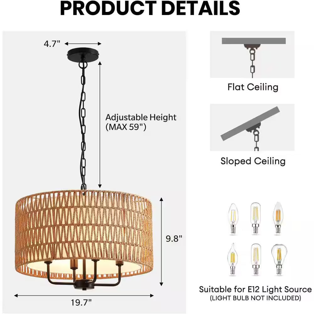 19.7 In. 4-Light Rattan Yellow Bohemian Chandelier for Foyer Dining Room