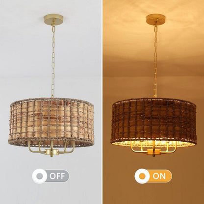 5-Light Gold Drum Bohemian Chandelier with Hand Woven Shade