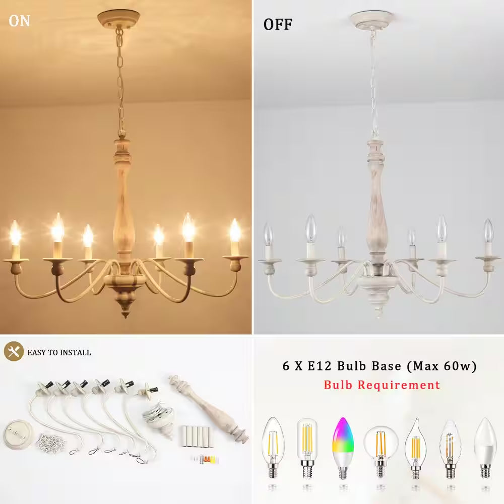 6-Light Vintage Beige Farmhouse Wood Candle Chandelier French Country Style Pendant Light