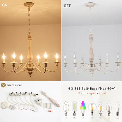 6-Light Vintage Beige Farmhouse Wood Candle Chandelier French Country Style Pendant Light