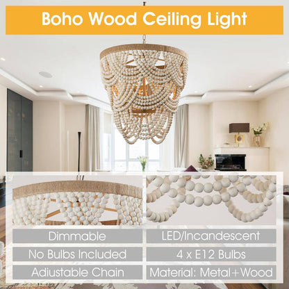Modern Boho Dining Room Chandelier 4-Light Distressed White Island Chandelier with Wood Beads and Rope