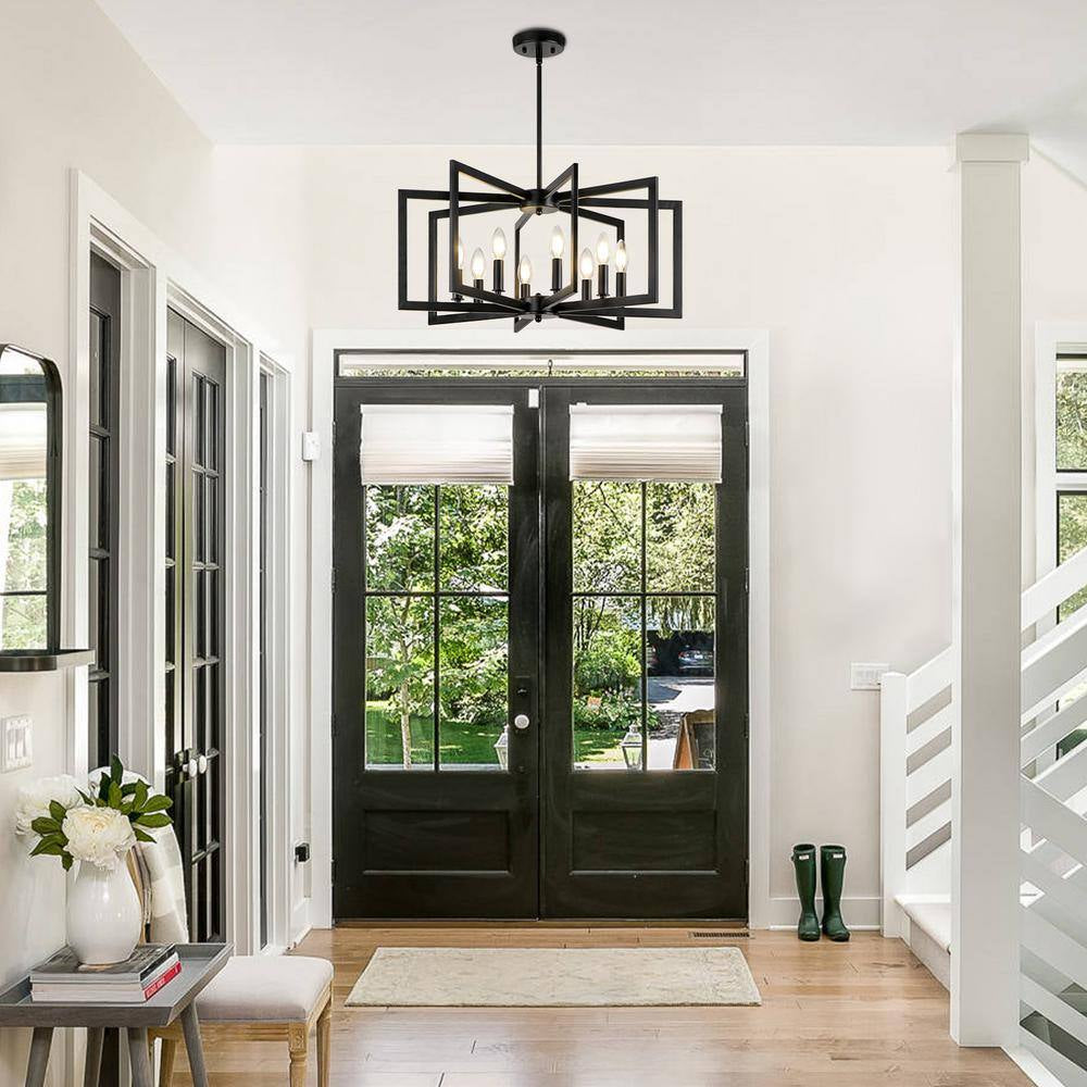 25.59 In. 8-Light Black Modern Geometric Hanging Metal Chandeliers for Dining Room Kitchen Foyer Living Room Bedroom