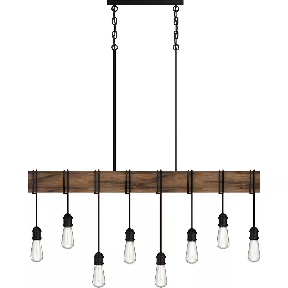 8-Light Rustic Black and Wood Grain Linear Island Bulb Chandelier