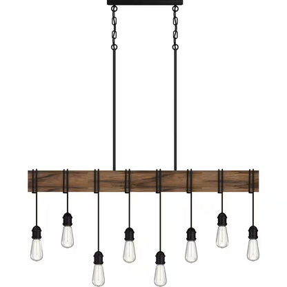 8-Light Rustic Black and Wood Grain Linear Island Bulb Chandelier