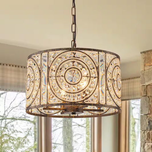 Iridescent 4-Light Vintage Crystal Drum Antique Bronze Chandelier Retro Classic Medium Lighting Fixture for Dining Room