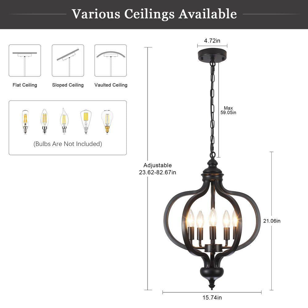 5-Light Black French Country Iron Chandelier for Kitchen Island with No Bulbs Included