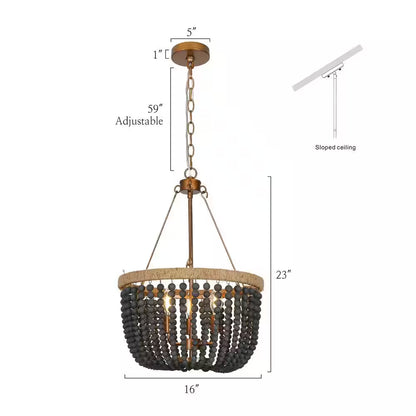 Modern Farmhouse Empire Drum Beaded Chandelier Light, 3-Light Gold Transitional Boho Chandelier with Black Wood Beads