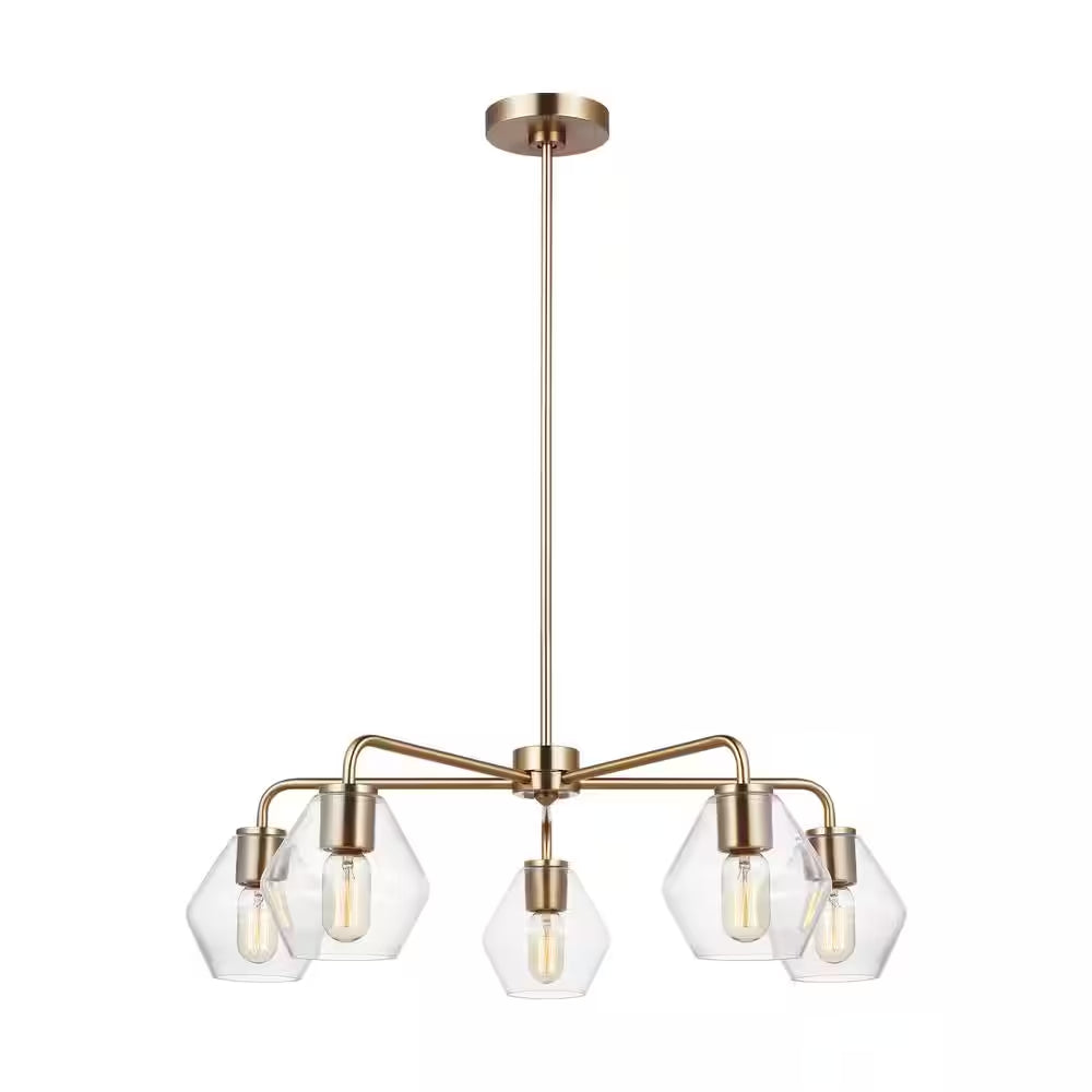 Jett 5-Light Satin Brass Transitional Indoor Dimmable Chandelier with Clear Glass Shades