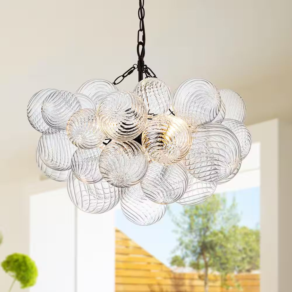 Neuvy 3-Light 23.6 In. W Black Chandelier with Swirled-Glass Orb Cluster Bubble Ribbed Glass Chandelier for Living Room