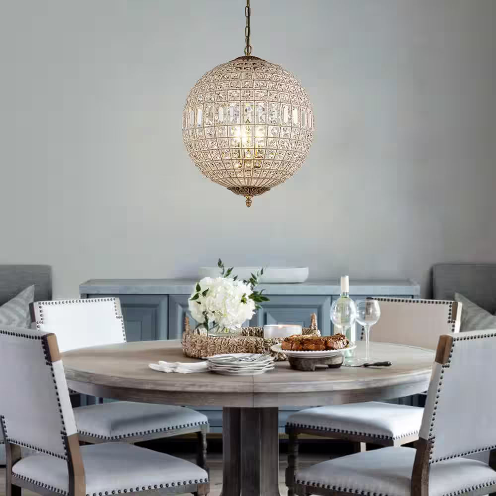 3-Light 18 In. Handcrafted Crystal Chandelier in Antique Gold Vintage French Globe Pendant Light with K9 Crystal Beads