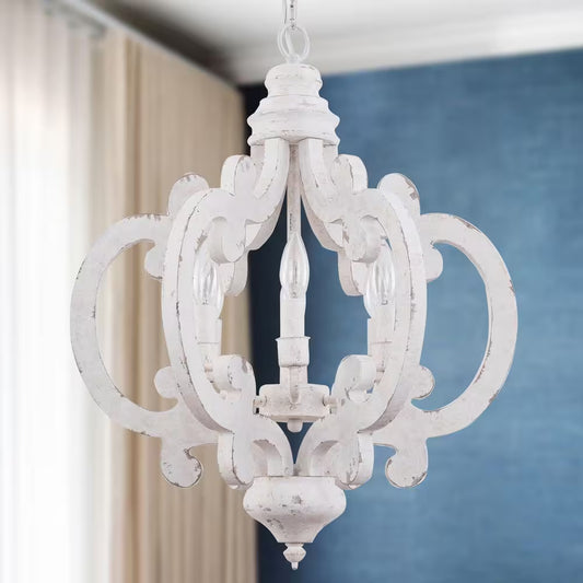 Voitto Cottage Chic Crown 6-Light Distressed White Wood Chandelier with Farmhouse Wooden Pendant