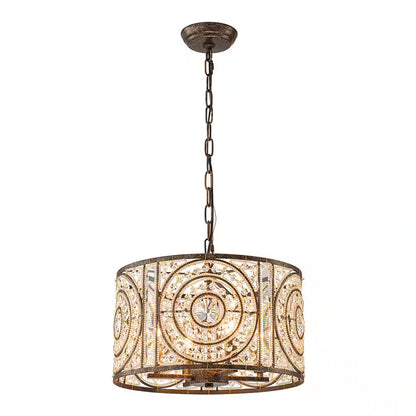 Iridescent 4-Light Vintage Crystal Drum Antique Bronze Chandelier Retro Classic Medium Lighting Fixture for Dining Room