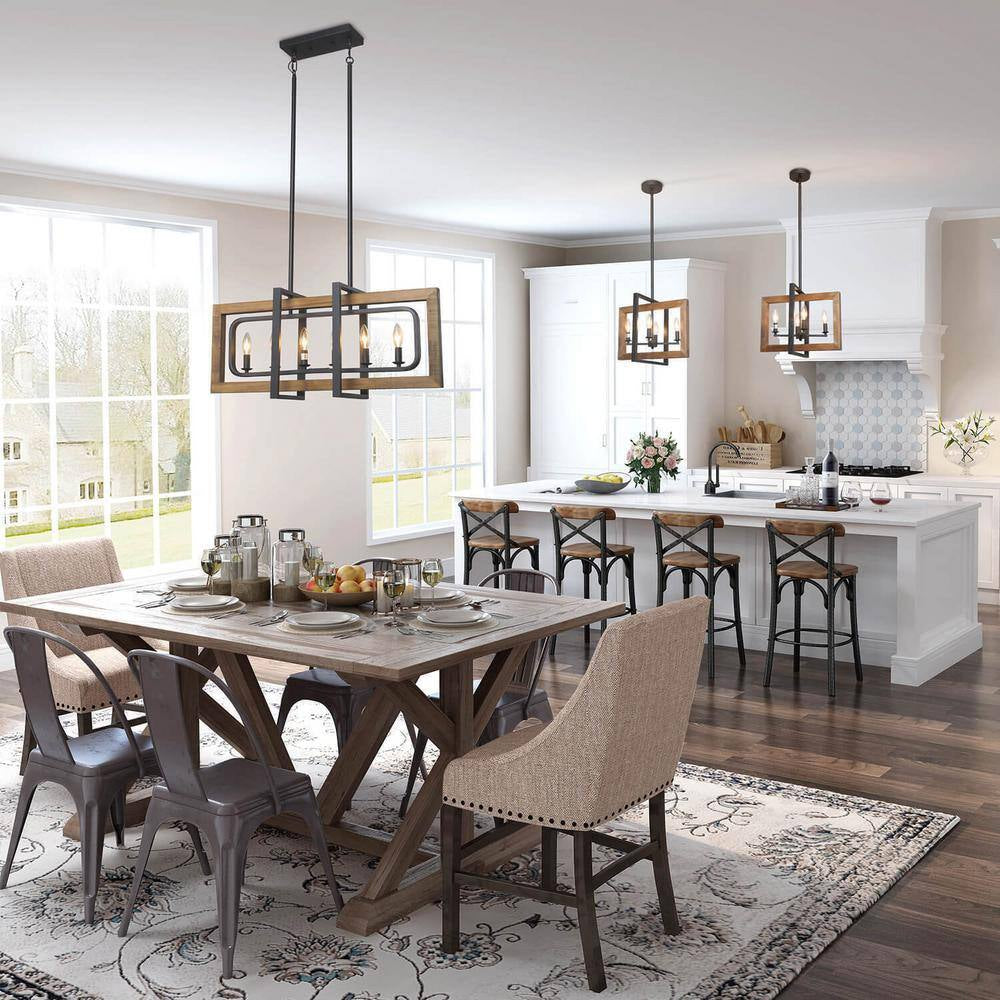 Farmhouse 4-Light Solid Wood Candlestick Chandelier with Black Frame Cottage Ceiling Light for Kitchen Island