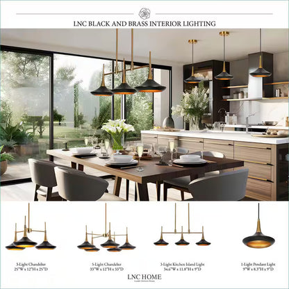 Contemporary Black Mid Century Chandelier with Metal Barn Shades Plating Brass/Gold Accent 5-Light Modern Large Pendant
