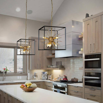 6-Light Modern Gold Satellite Sputnik Sphere Chandeliers Pendant Lighting with Square Black Cage