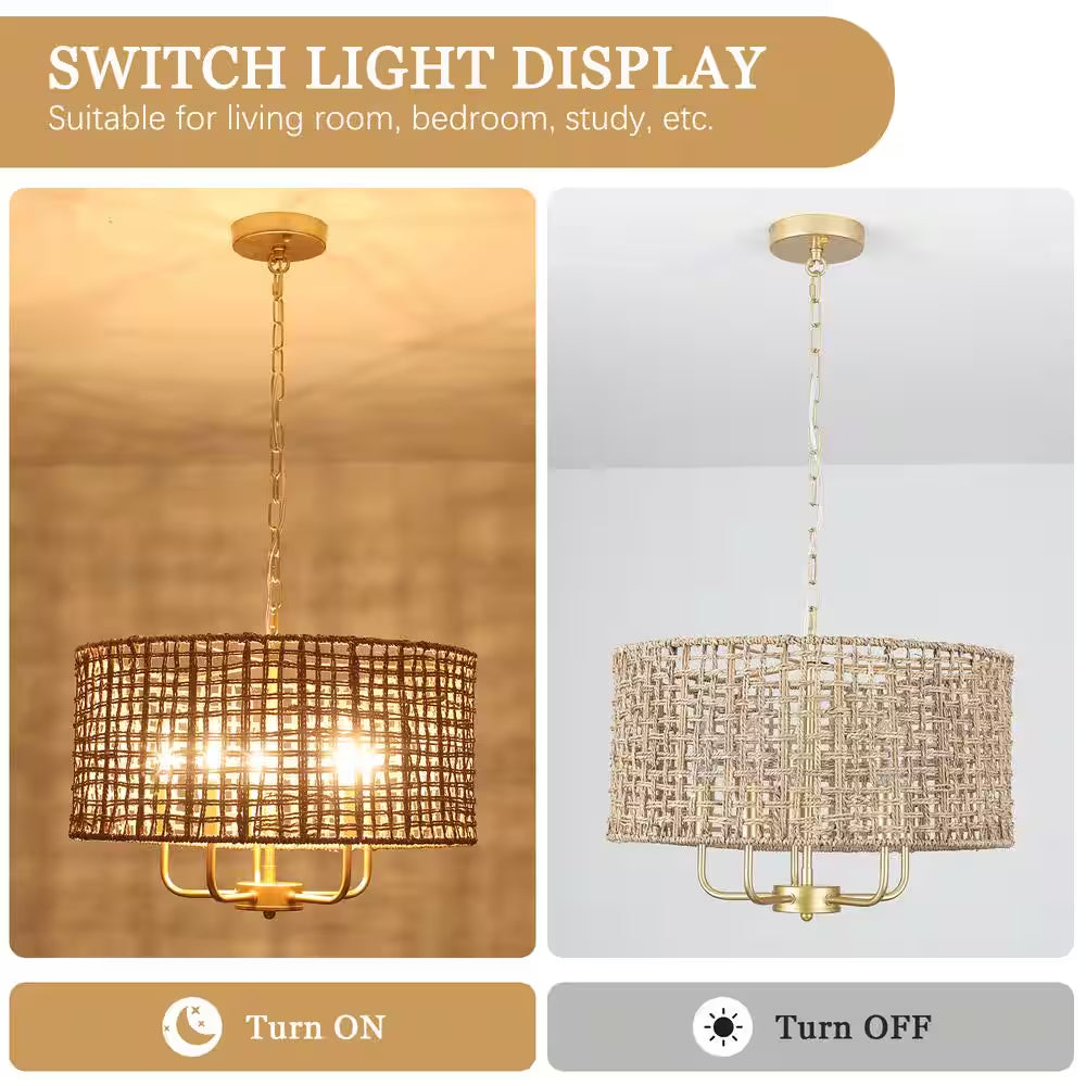18.89 In. 5-Light Golden Bohemian Pendant Design Drum Chandelier with Natural Rattan Shade and No Bulbs Included