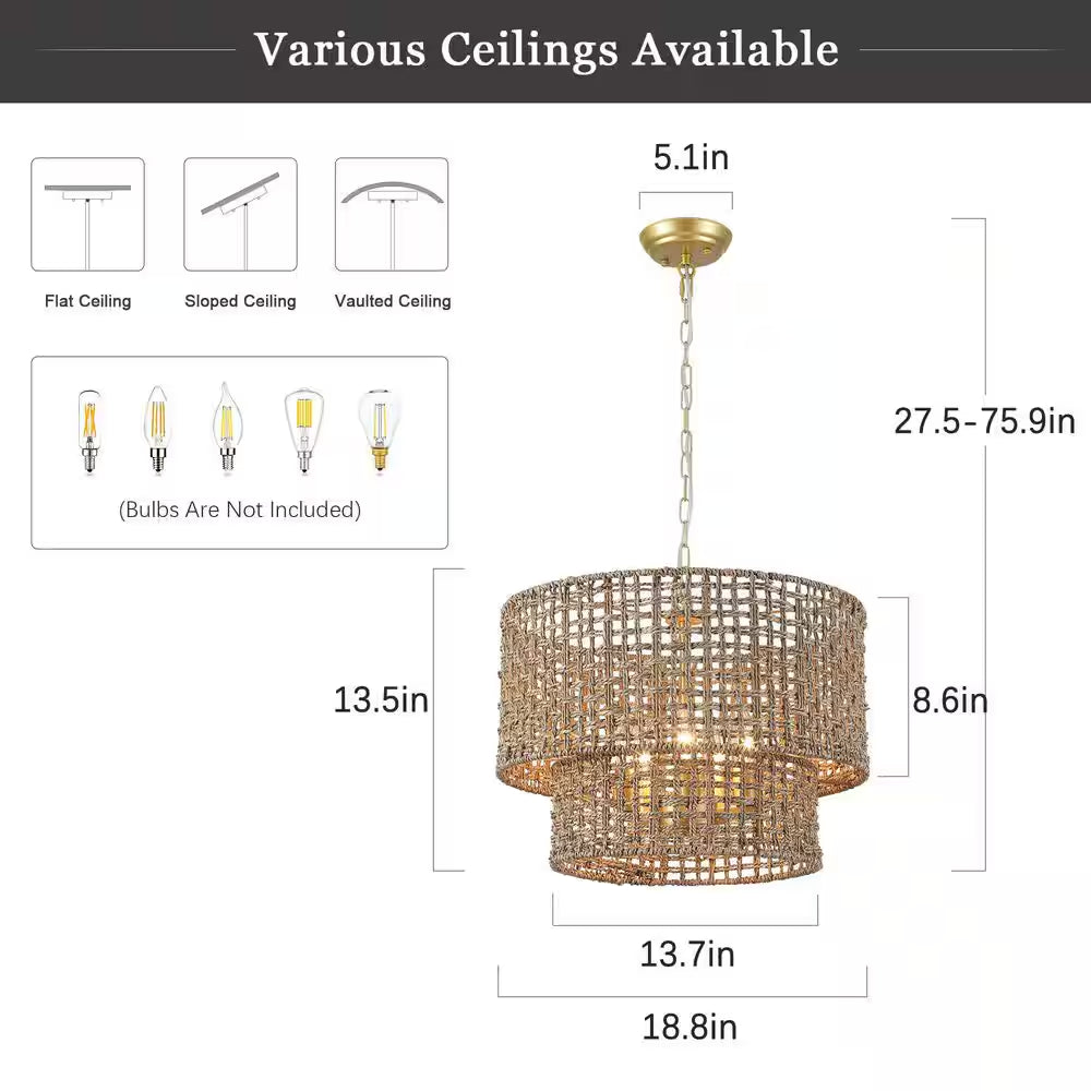5-Light Gold Bohemian Chandelier 2-Tier Rattan Drum Pendant Light for Living Room