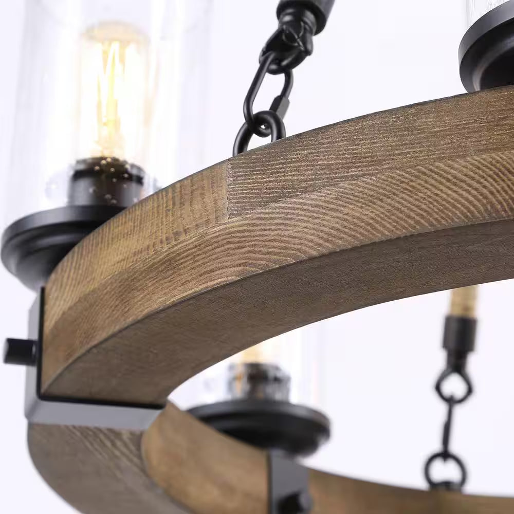 Farmhouse Chandelier 6-Light Black Wagon Wheel Wood Island Chandelier with Clear Seeded Glass Shade and Rope Accents