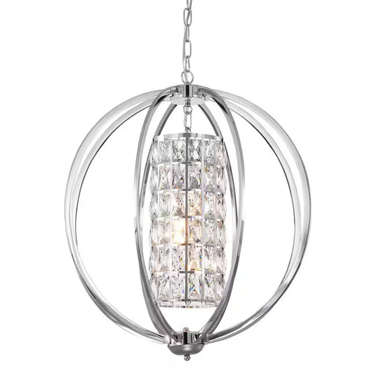 Orbit 3-Light Chrome Globe Orb Glam Chandelier with Crystal Lined Cylinder Shade