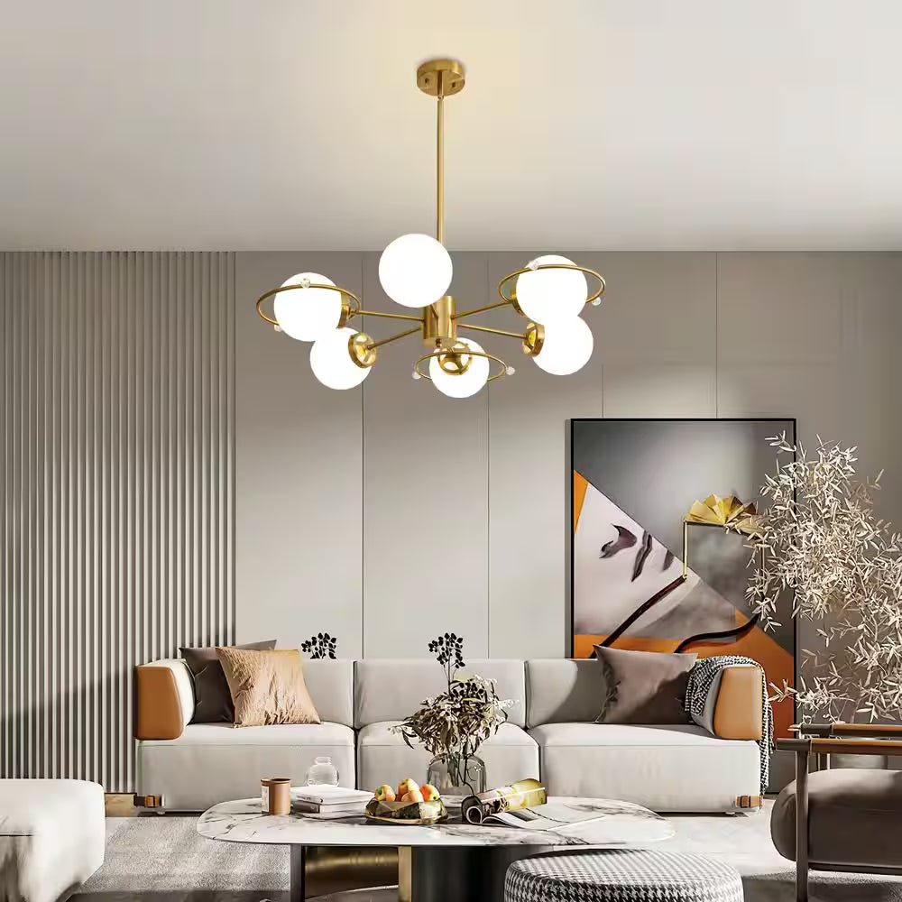Modern 6-Light Gold Sputnik Chandeliers with Milk White Glass Shade and Height Adjustable, Bulbs Not Included