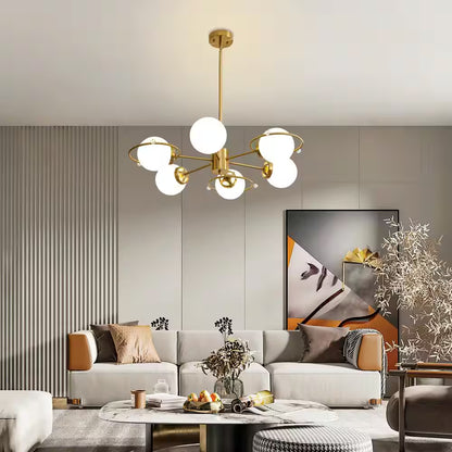 Modern 6-Light Gold Sputnik Chandeliers with Milk White Glass Shade and Height Adjustable, Bulbs Not Included