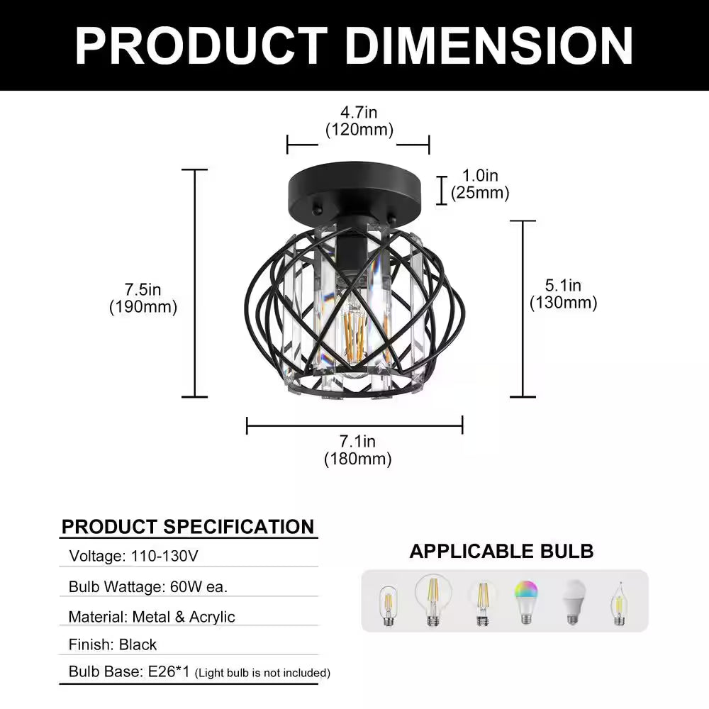 7 In. 1-Light Crystal Semi Flush Mount Ceiling Light Fixture, E26 Hallway Chandelier for Entry, Bedroom Bathroom