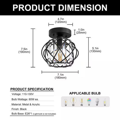 7 In. 1-Light Crystal Semi Flush Mount Ceiling Light Fixture, E26 Hallway Chandelier for Entry, Bedroom Bathroom