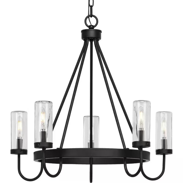 Swansea Collection 4-Light 24 In. Matte Black round Transitional Outdoor Chandelier with Clear Glass Shades